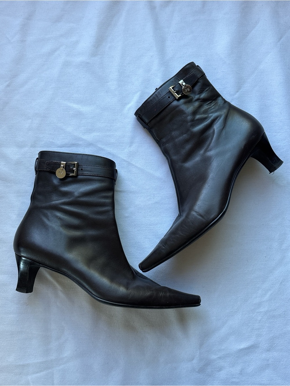 Franco Sarto Black Leather Pointed-Toe Ankle Boots with Buckle Charm